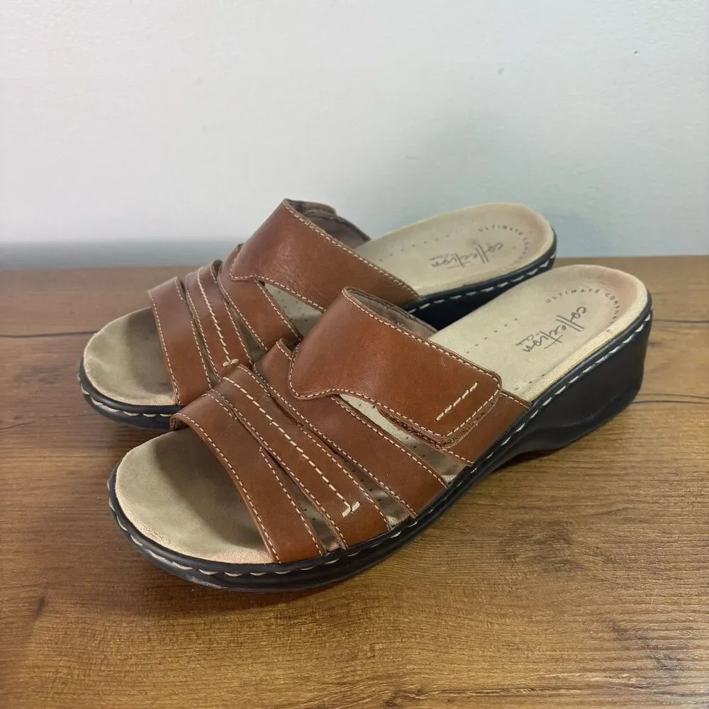 Clarks Women's Lexi Sabrina Sandals Brown Tan Leather Slip On Wedge US 8.5